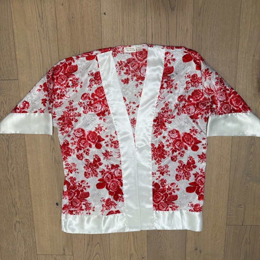 VTG 90's Gold Label Victoria's Secret Red White Roses Floral Satin Kimono Robe
